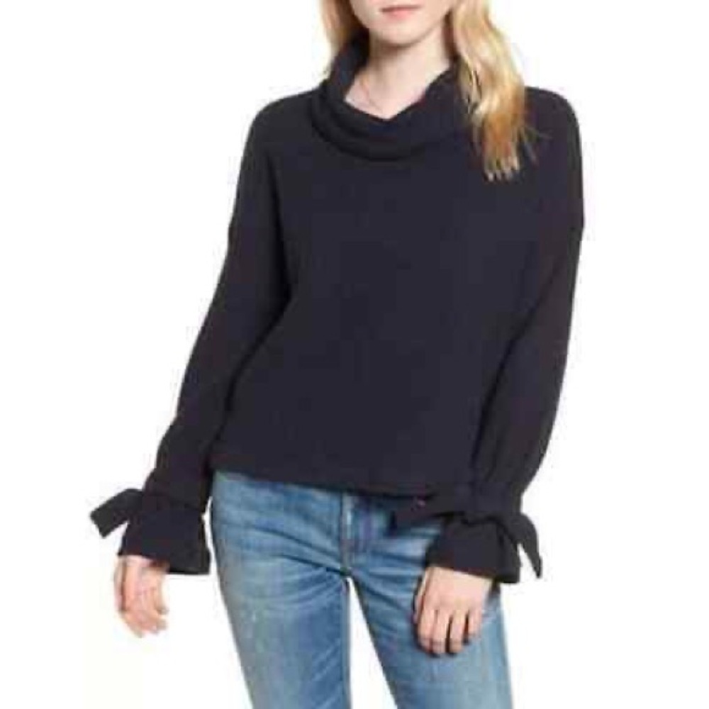 Madewell Cowl Neck Sweater Navy Tie Sleeves Ribbed Textured Pullover XXS